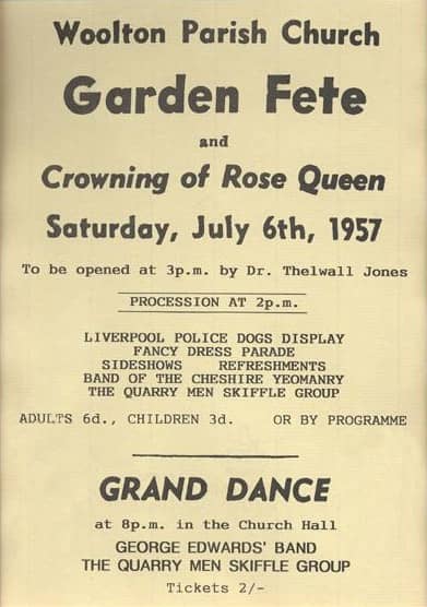 Nel pomeriggio, il gruppo di skiffle Quarrymen si è esibito alla festa in giardino della chiesa di San Pietro a Woolton, Liverpool i Quarey men erano: Lennon (voce, chitarra), Eric Griffiths (chitarra), Colin Hanton (batteria), Rod Davies (banjo), Pete Shotton (washboard) e Len Garry (basso).